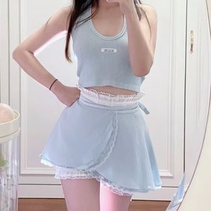 Japanese Kawaii Chiffon Lace Cottage Balletcore Pastel Blue Wrapped Mini Skirt
